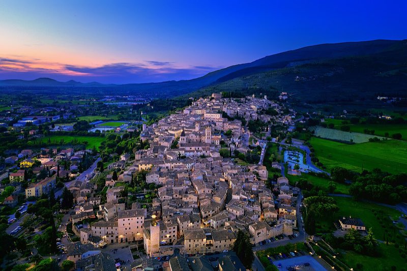 Spello from above at sunset